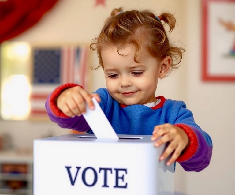 Toddler placing paper in a ballot box