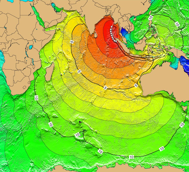 Tsunami travel time map showing color-coded zones for 2004 Indian Ocean tsunami