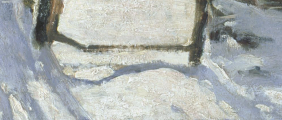 Close-up detail of blue shadows in the snow from Monet's The Magpie