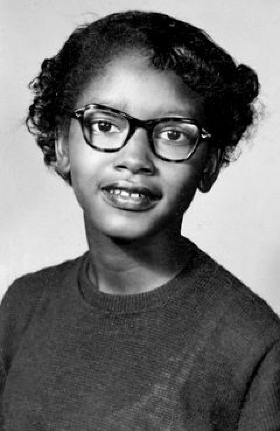 Portrait of teenage Claudette Colvin wearing glasses and smiling, circa 1955