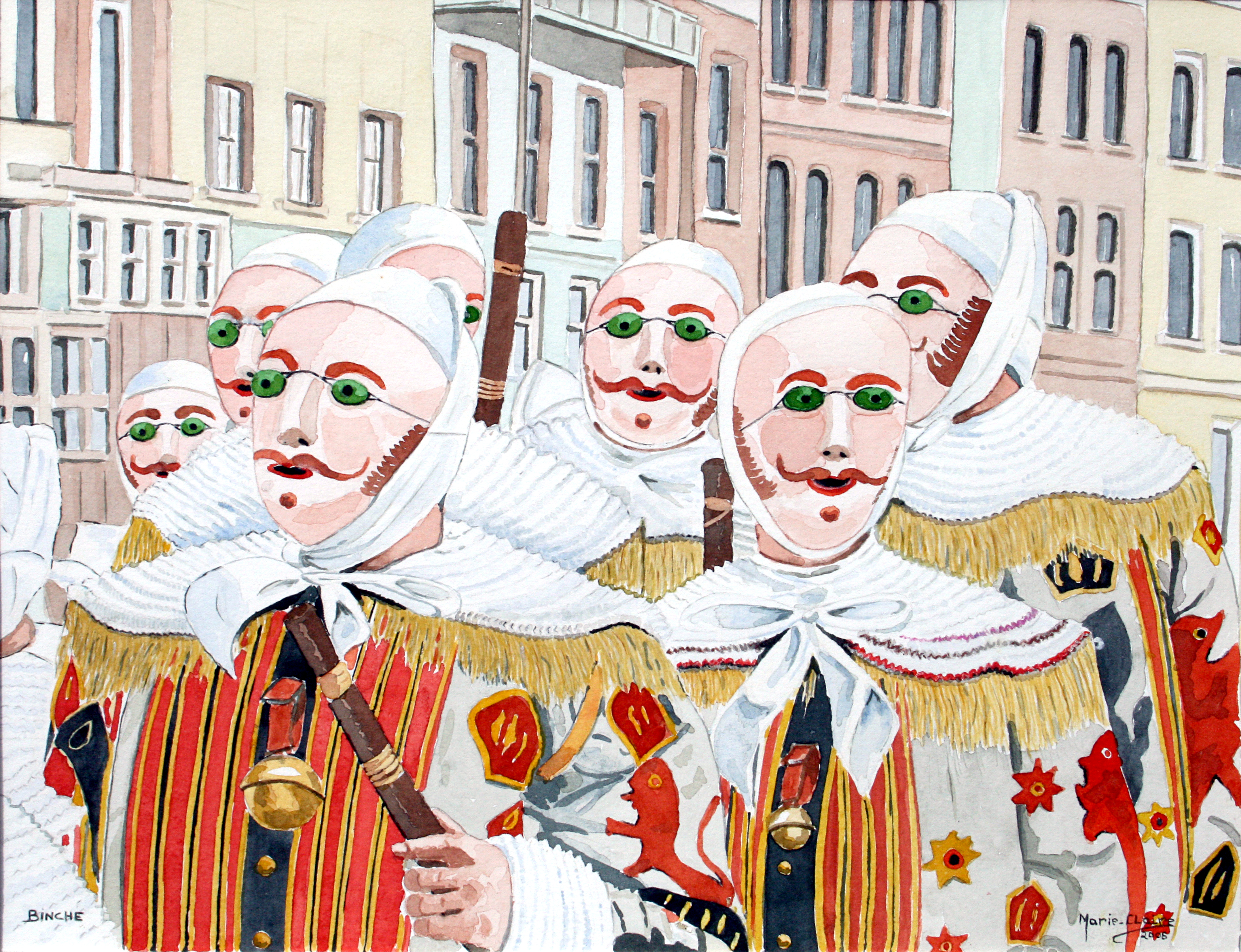 Gilles of Binche wearing traditional wax masks