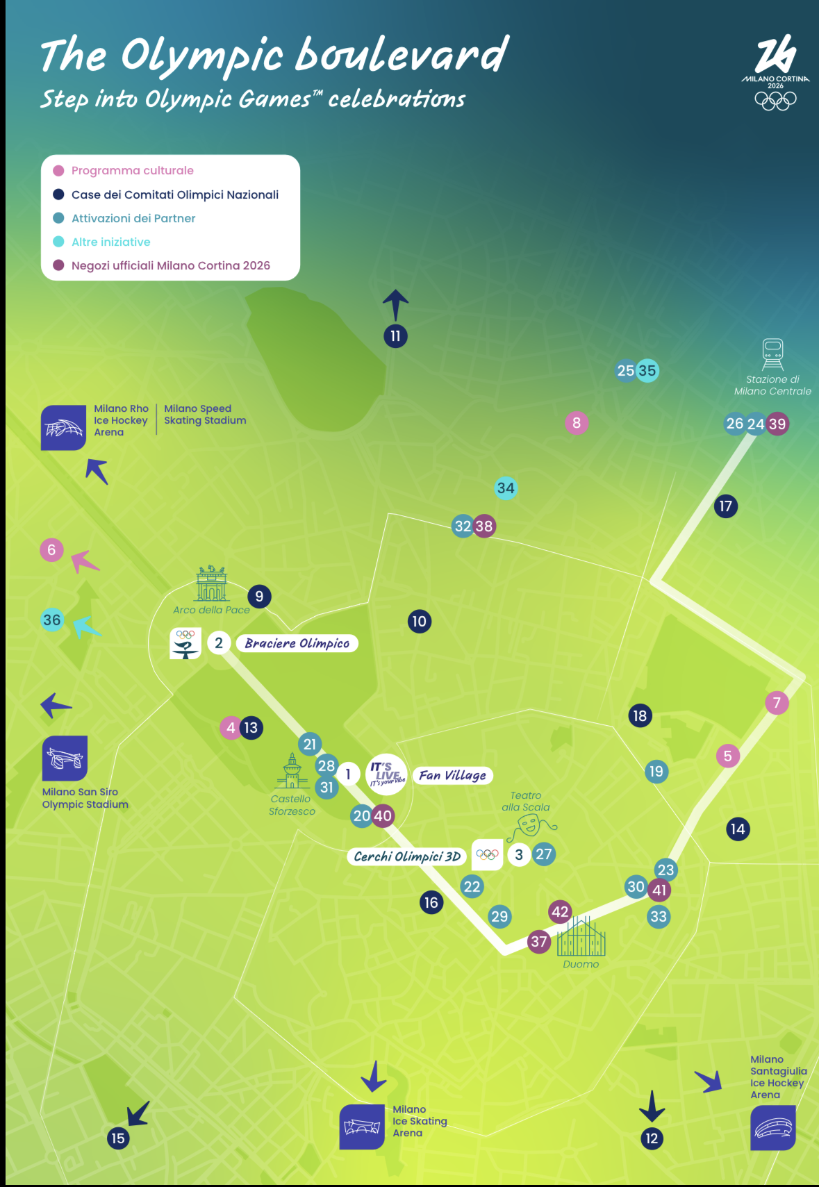 Olympic Boulevard map showing venues and cultural sites in Milan