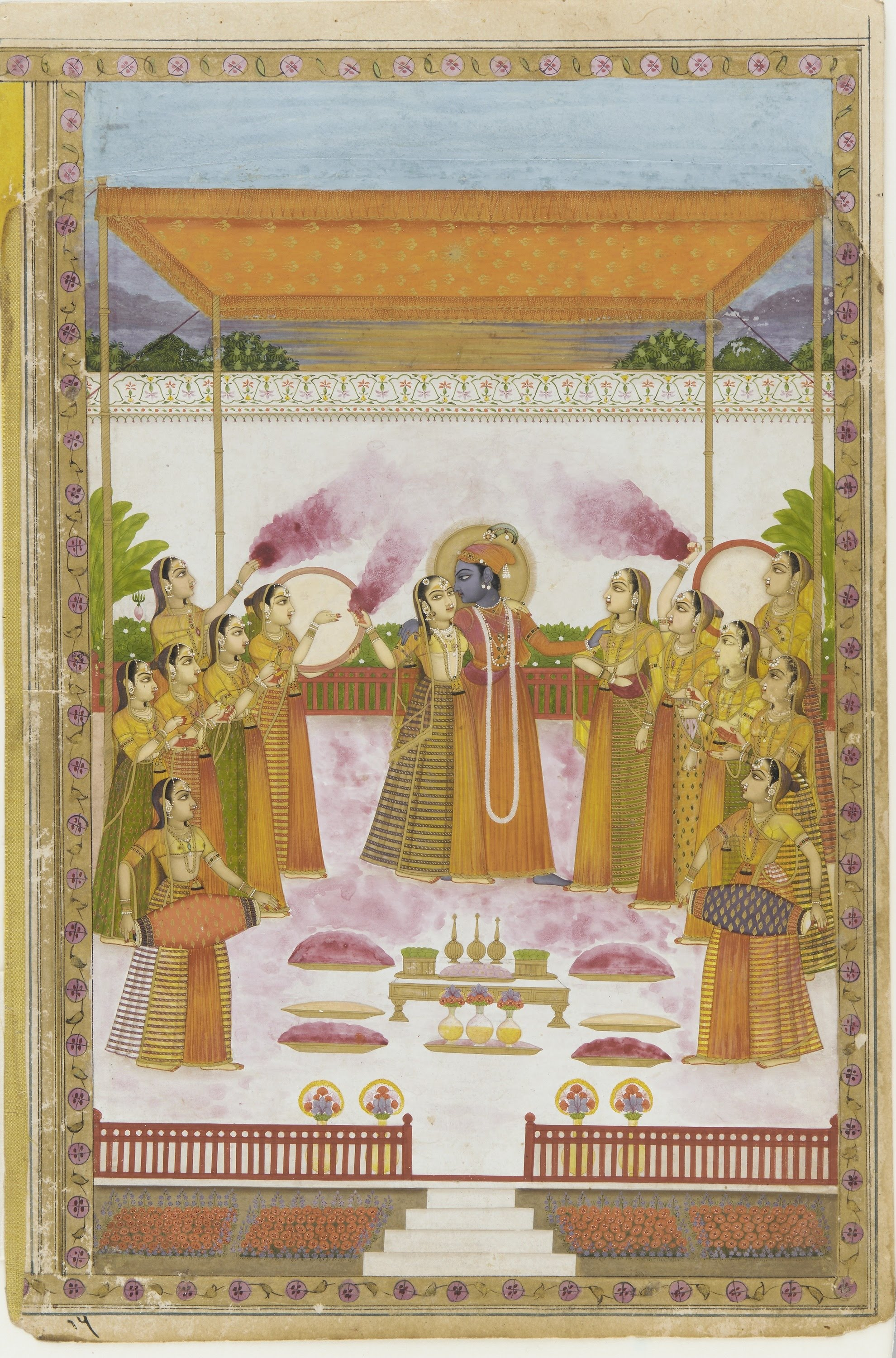 A classical Indian painting depicting a Holi festival with Krishna, Radha, and the Gopis