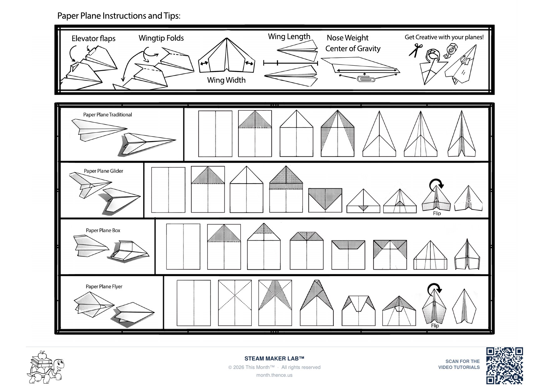 Paper Plane Instructions and Tips reference sheet showing fold diagrams for the traditional, glider, box and flyer designs, plus elevator flaps, wingtip folds, wing width, wing length and nose weight