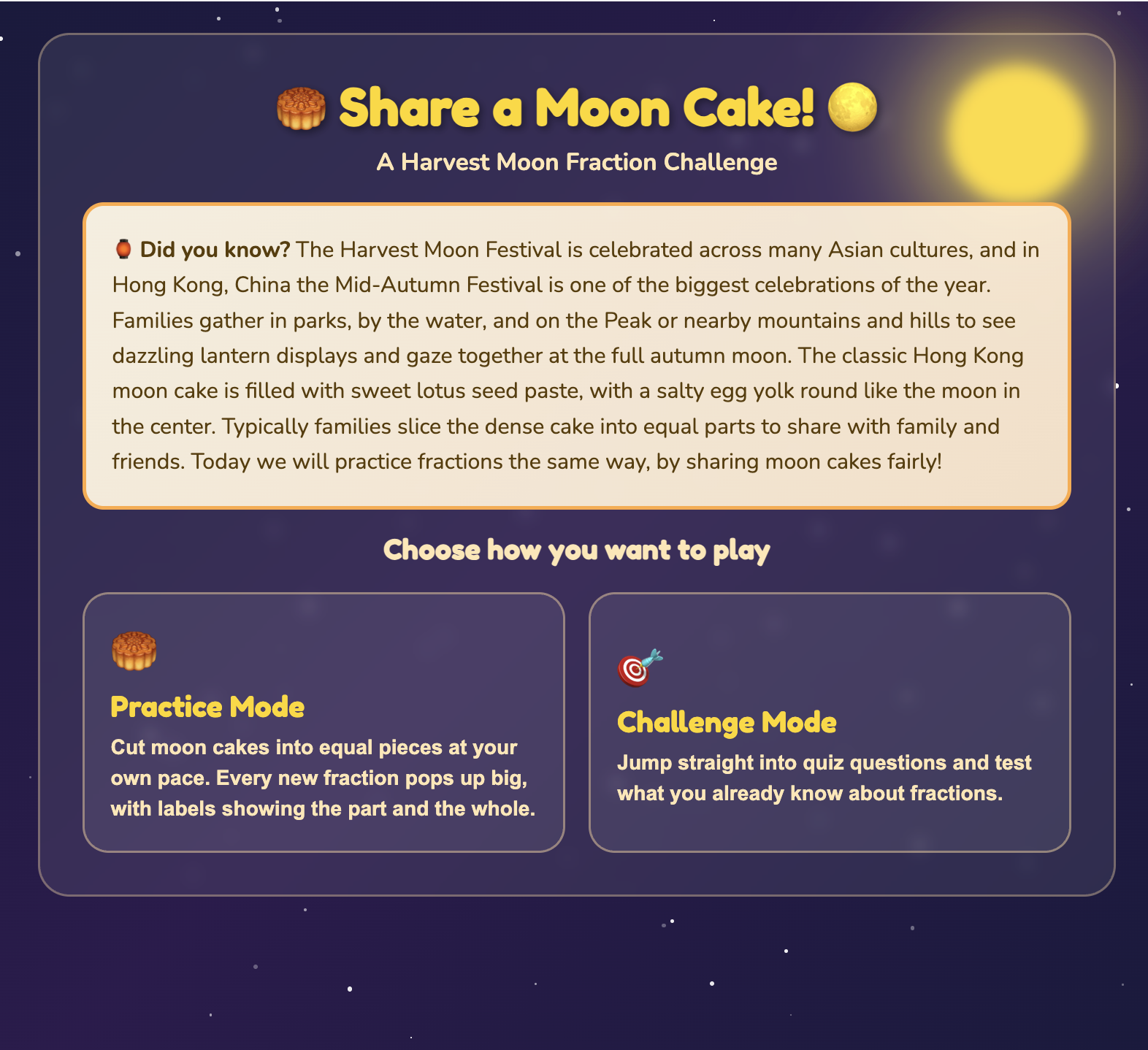 Share a Moon Cake! Fraction Challenge preview screenshot