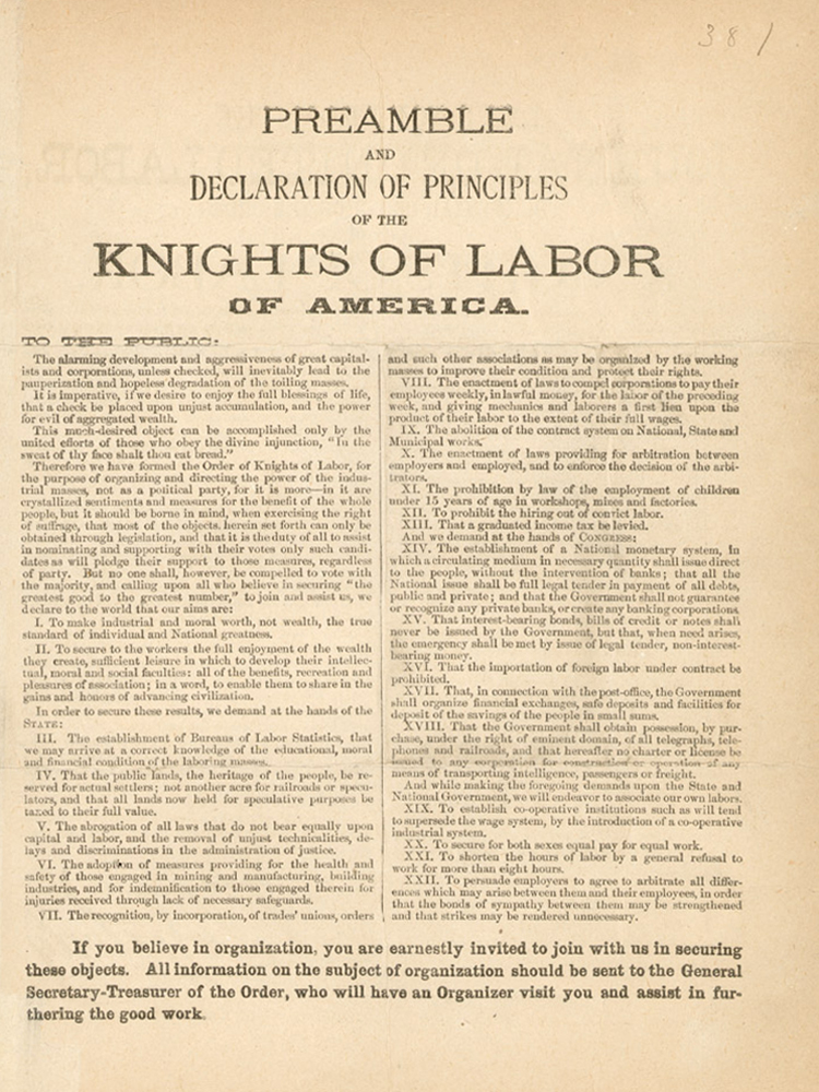 Printed Declaration of Principles of the Knights of Labor.