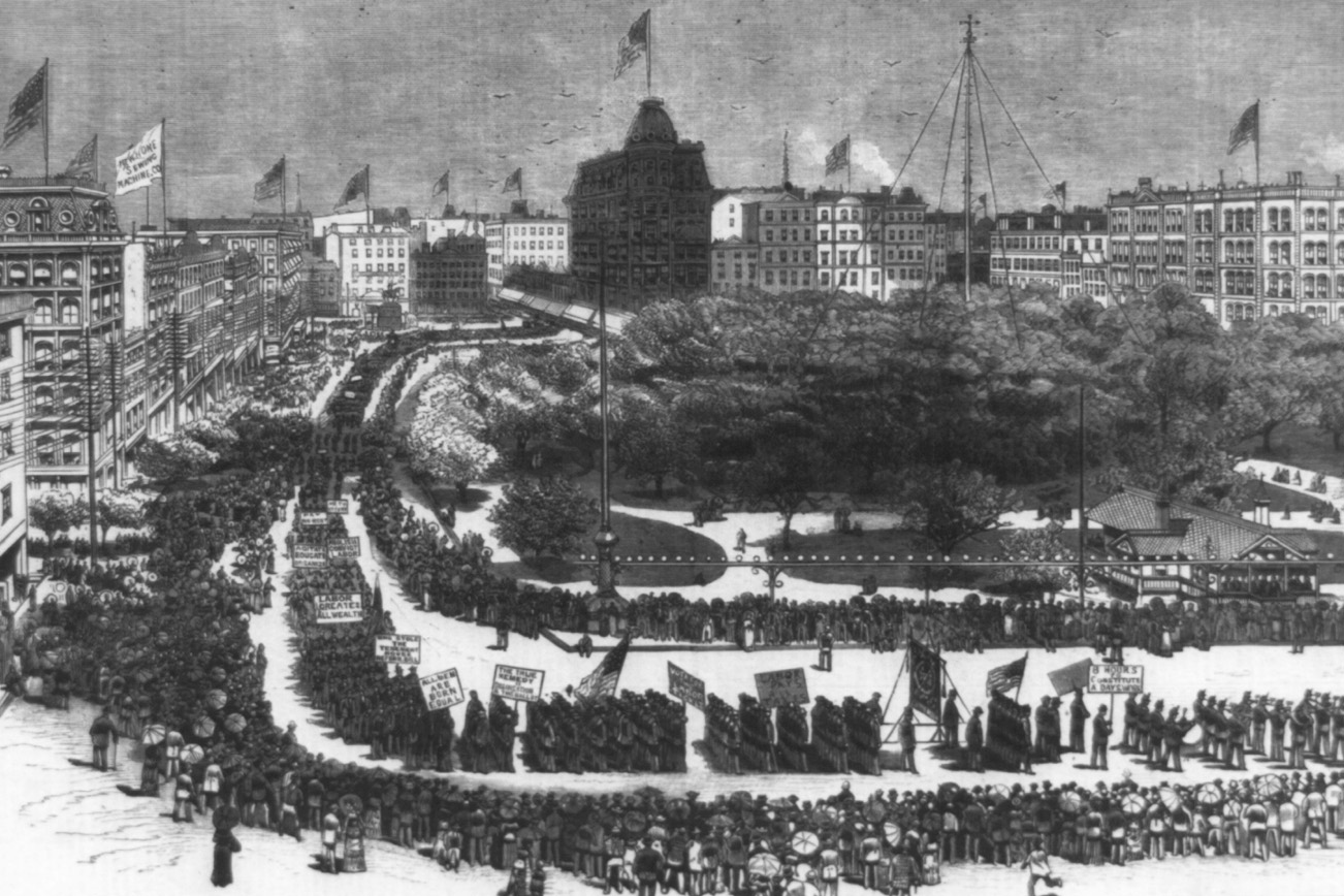 Woodcut print of a crowded street parade in New York City, with marchers carrying banners and spectators lining the route.