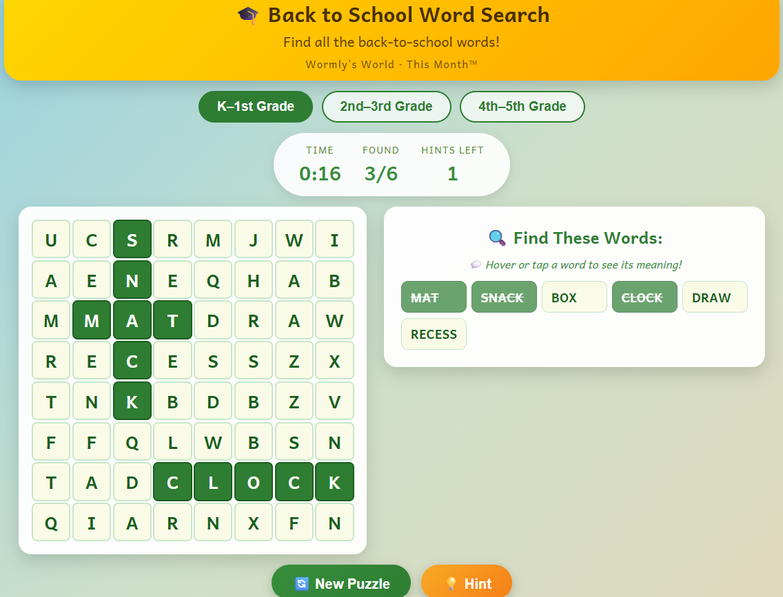 Back to School Word Search