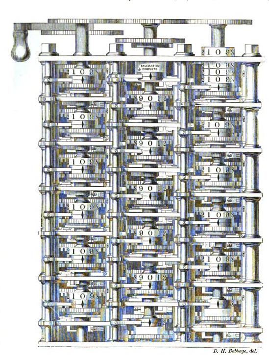 Wood engraving of part of Charles Babbage's Difference Engine, showing tall columns of stacked number wheels held in a metal frame