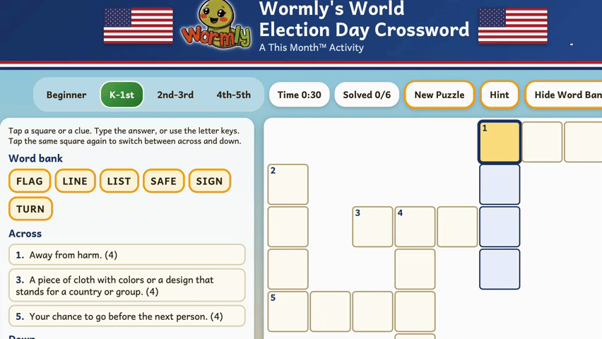 Adaptive Election Day Crossword: 4 Levels for K-5