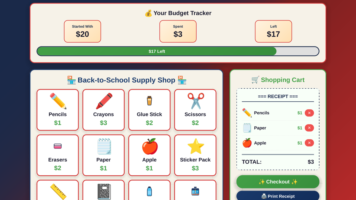 Back to school math game preview: shopping cart budgeting challenge for grades K-5