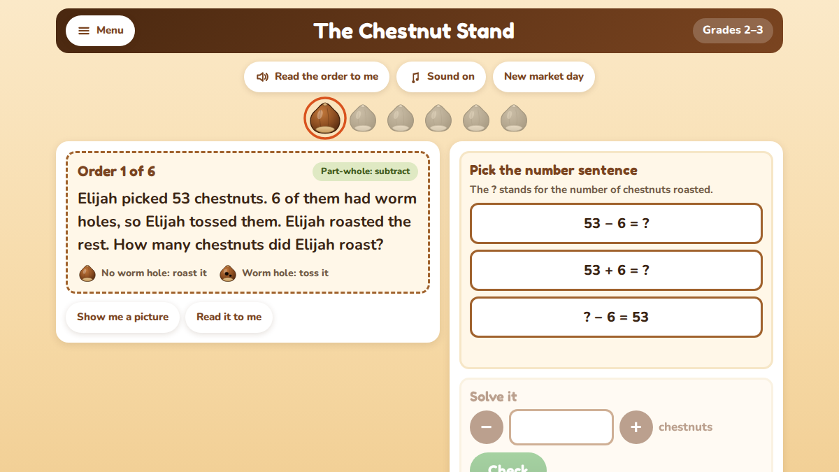 Chestnut stand word problems preview: a market day order with number sentences to choose from for grades 2-5