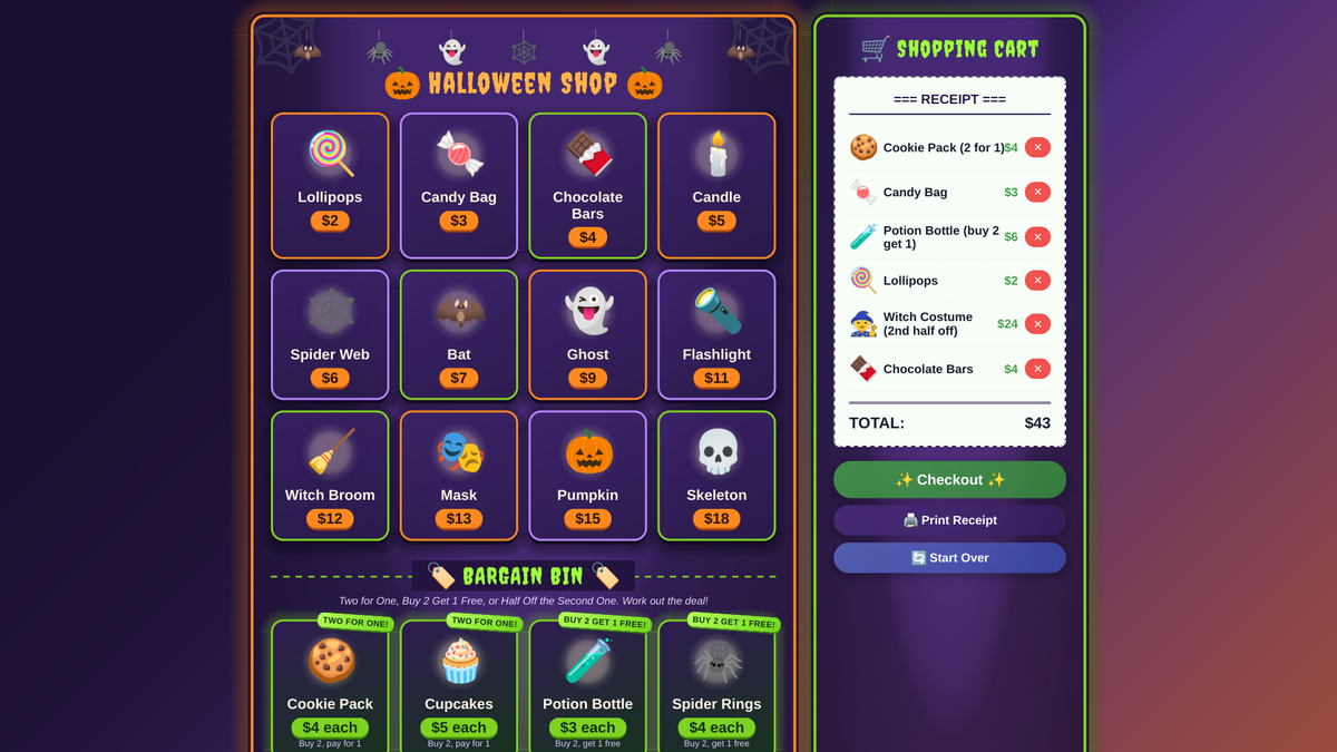 Halloween shopping challenge preview: a shop with a Bargain Bin for grades K-5