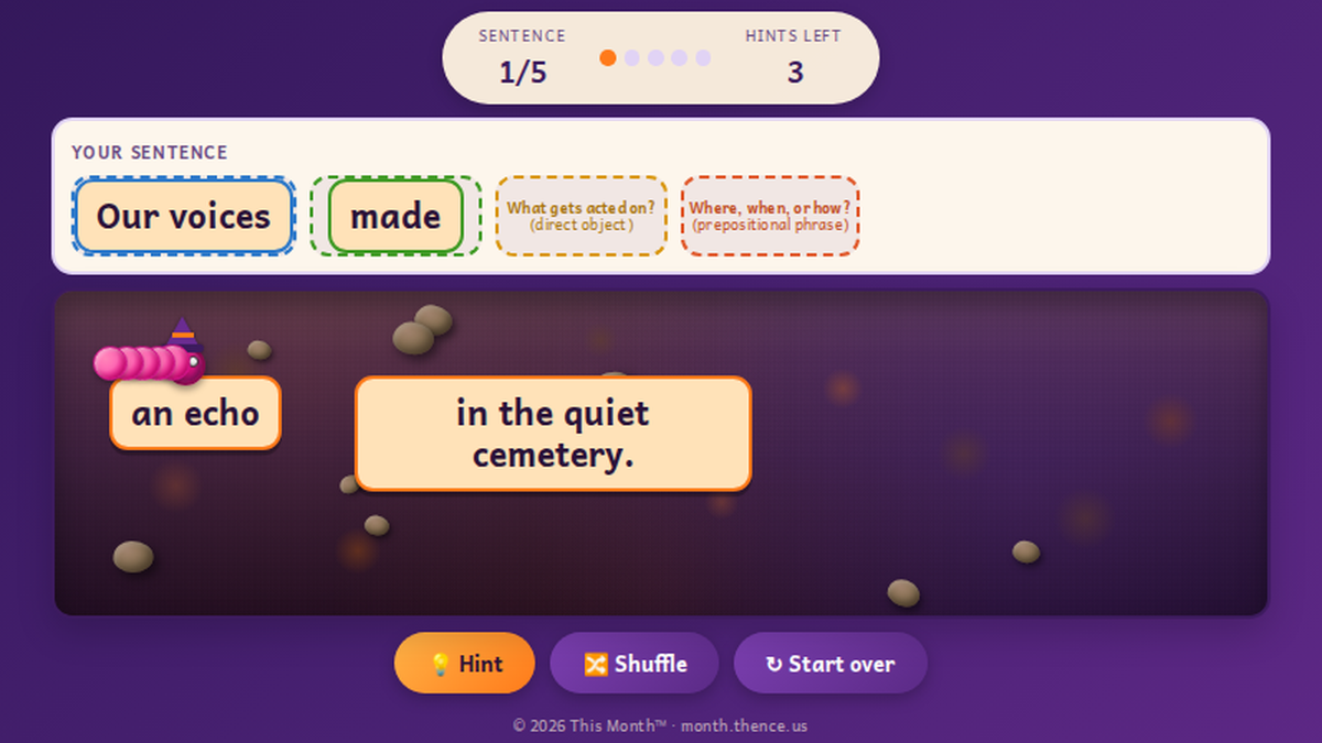 Wormly's Sentence Builder preview: a sentence being built in labeled boxes, with scrambled words in the dirt and Wormly in a witch hat