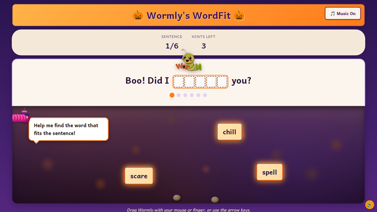 Halloween sentence game preview: a spooky sentence with a missing word and Wormly in a witch hat hunting for the right word
