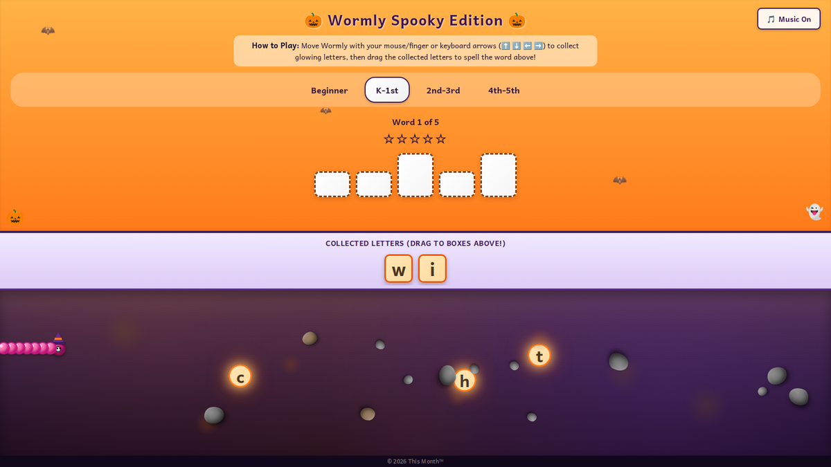 Halloween spelling game preview: Wormly the worm in a witch hat collecting glowing letters